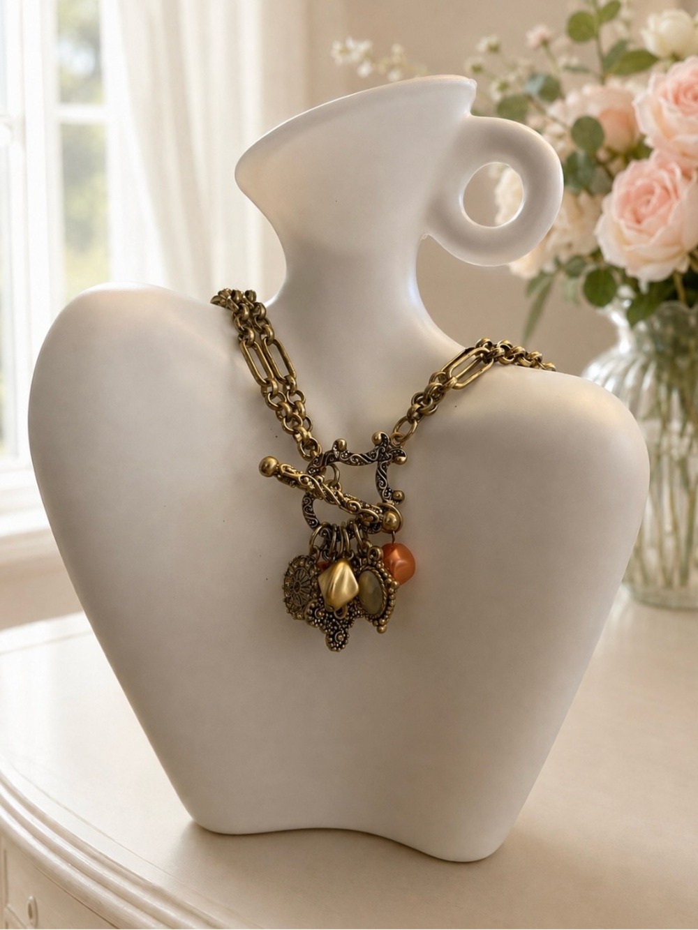Premier Designs Antique Gold-Tone Charm Necklace with Amber Accents